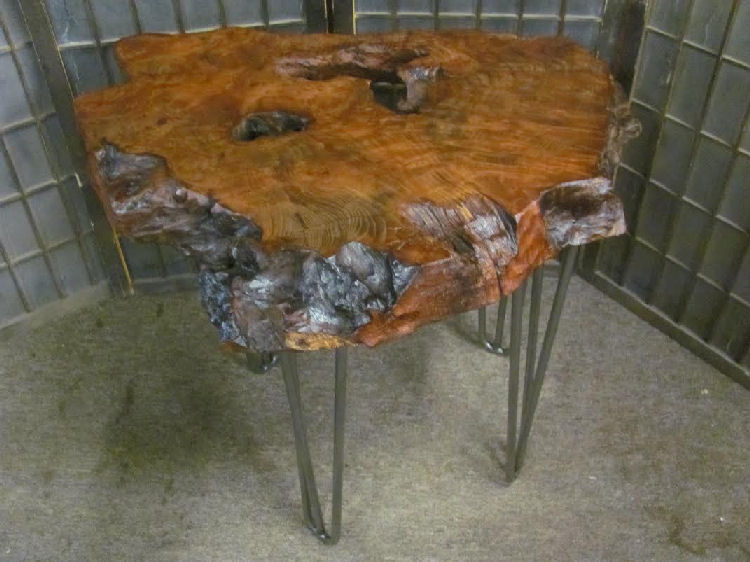 Redwood Burl End Table with Hair-Pin Legs